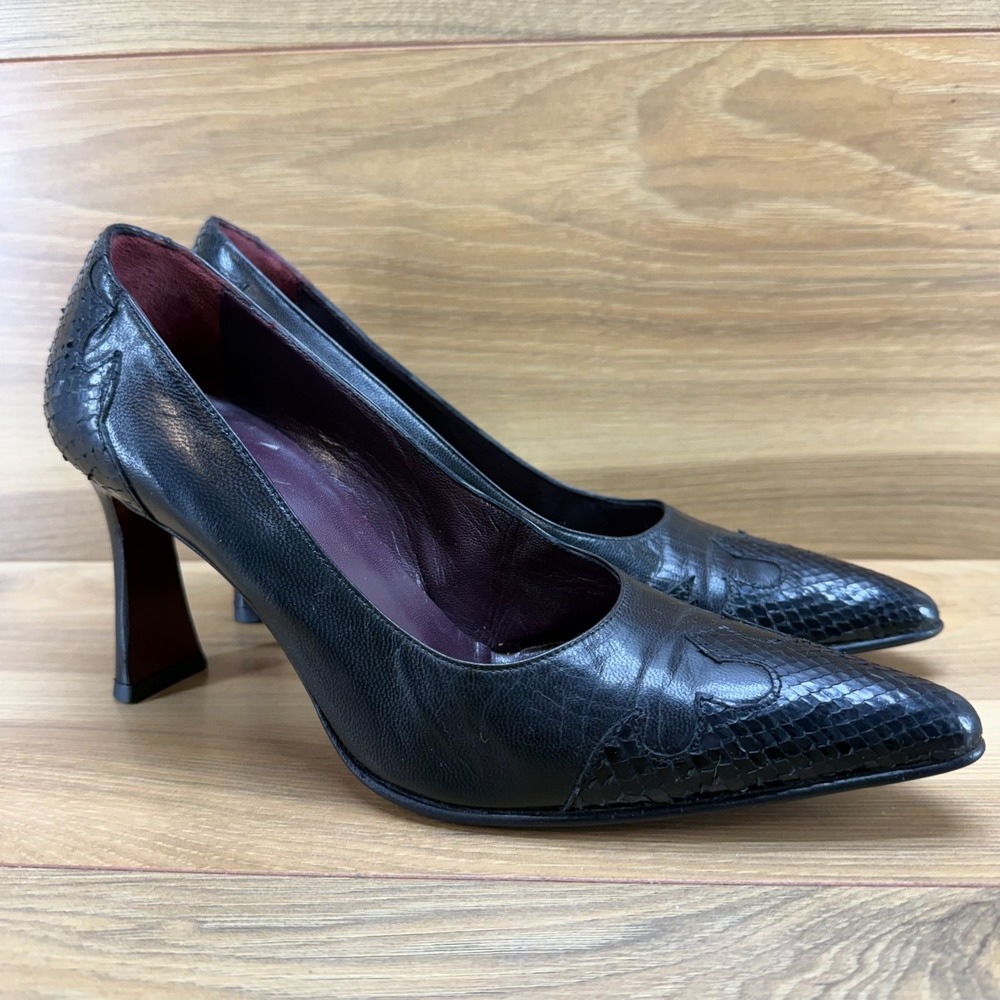 AVC Adriana V Campanile Snake And Leather Pumps 8 EU 38.5 Black Pointed Toe